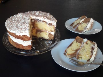 Cappuccino swirl layer cake with caramel buttercream